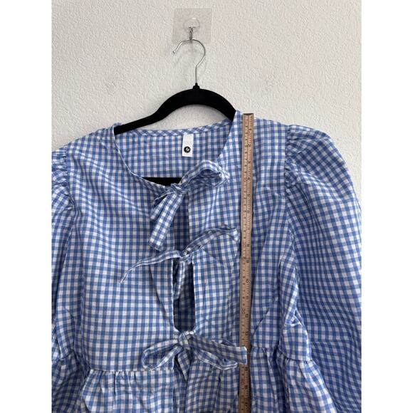NWOT Women's Checkered Blue Tie Front Top White Country Retro Feminine Medium - Picture 6 of 13